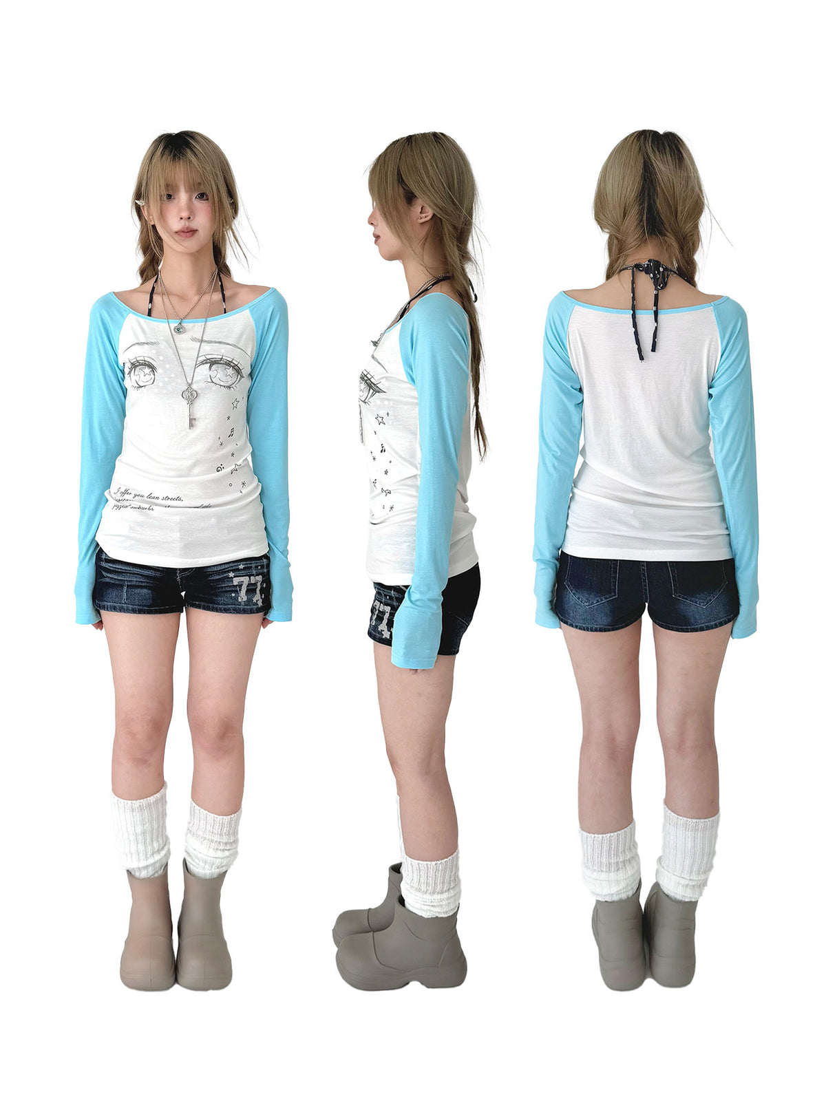 Tear-Eye Graphic Contrast Sleeve Long Sleeve Tee