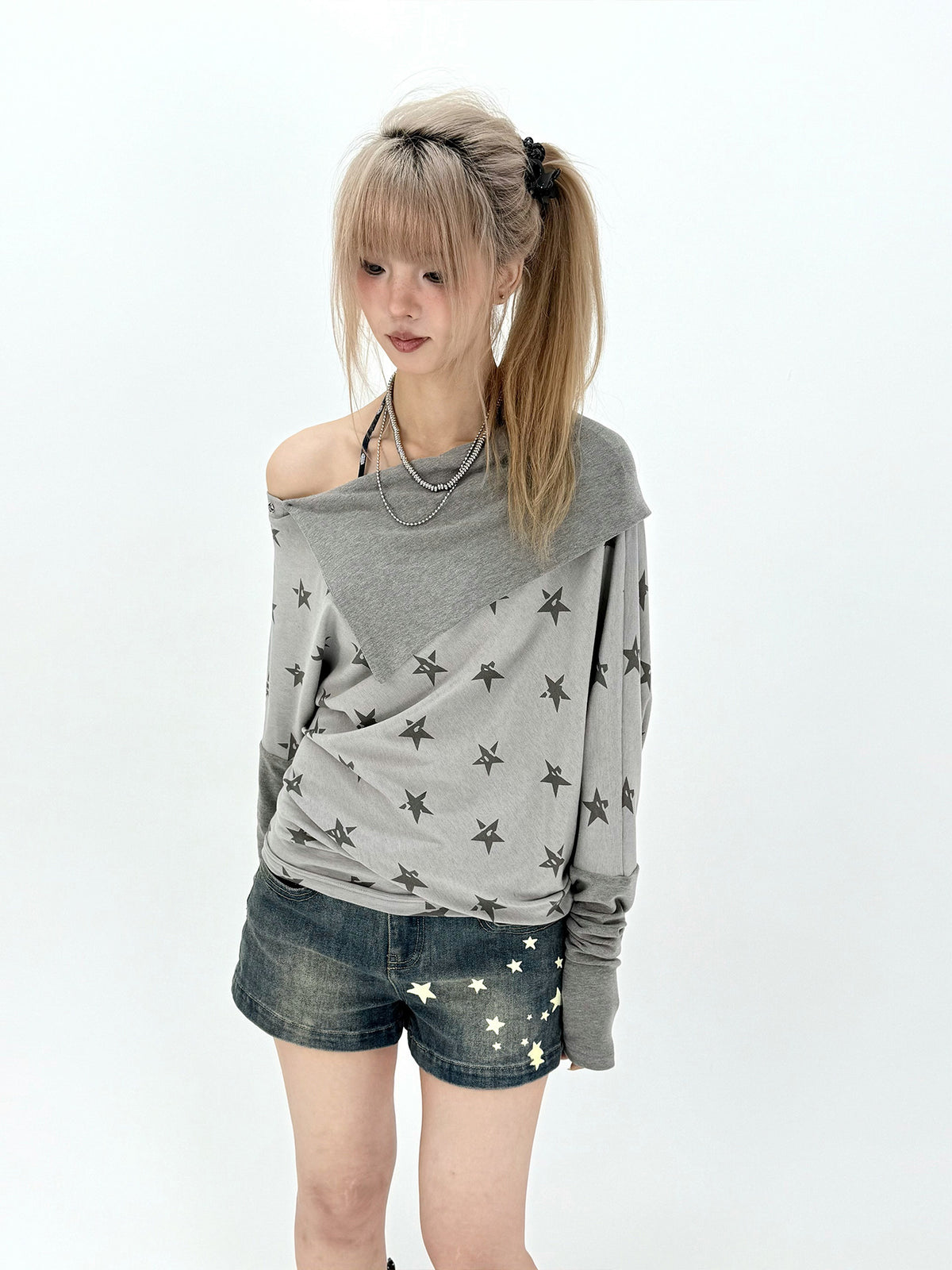 Star Print Draped Off-Shoulder Long Sleeve Top
