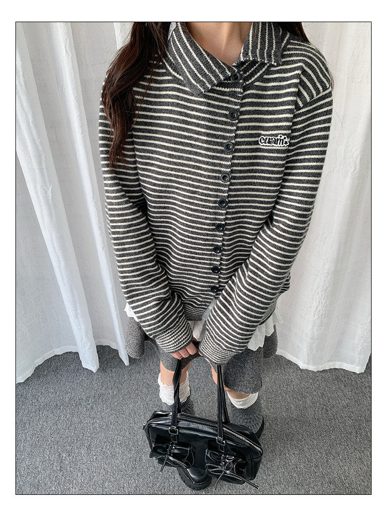 Striped Polo-Collar Knit Cardigan