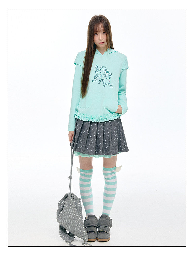 Rhinestone Graphic Faux-Layer Ruffle-Hem Hoodie