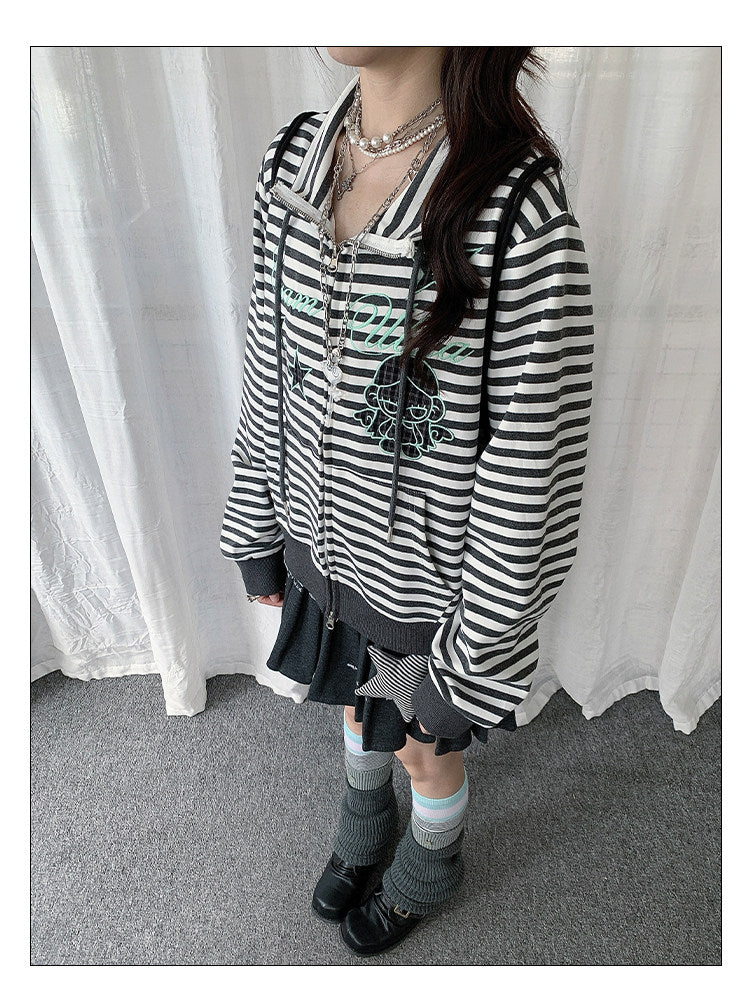 Star Charm Striped Embroidered Zip-Up Jacket