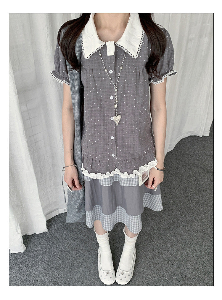 Polka Dot Peter Pan Collar Ruffle-Hem Blouse