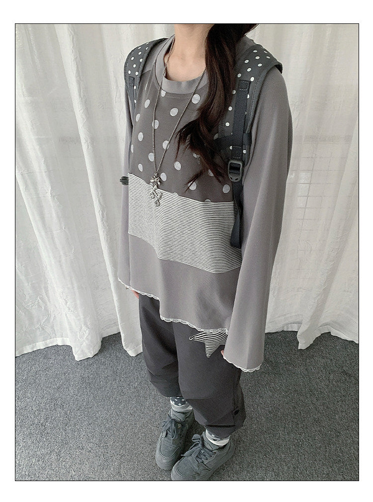 Polka Dot Stripe Lace-Trim Patchwork Long Sleeve Top
