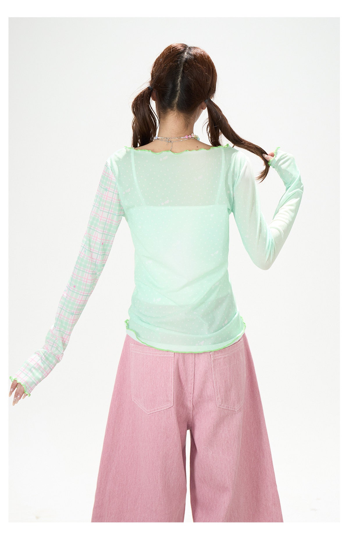 Apple Plaid Mesh Long Sleeve Top & Pink Polka Dot Wide Leg Pants