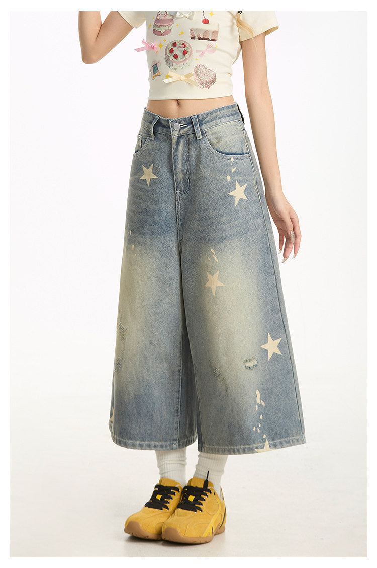Washed Star Print Wide-Leg Denim Capri Pants