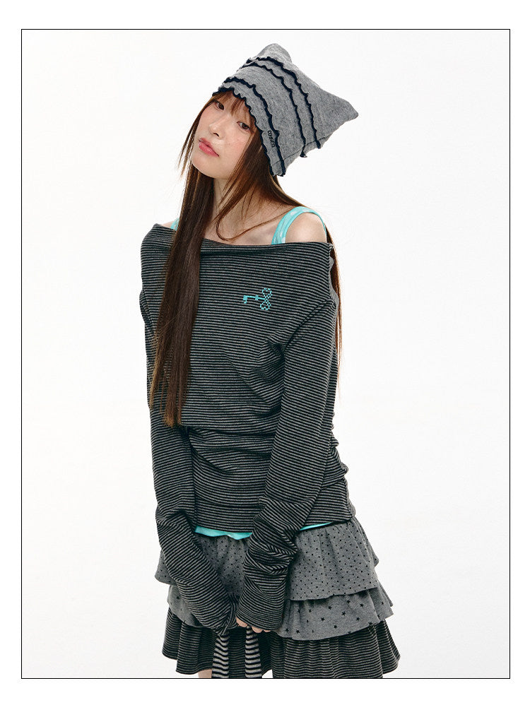 Charcoal Stripe Off-Shoulder Faux-Layer Long Sleeve Top