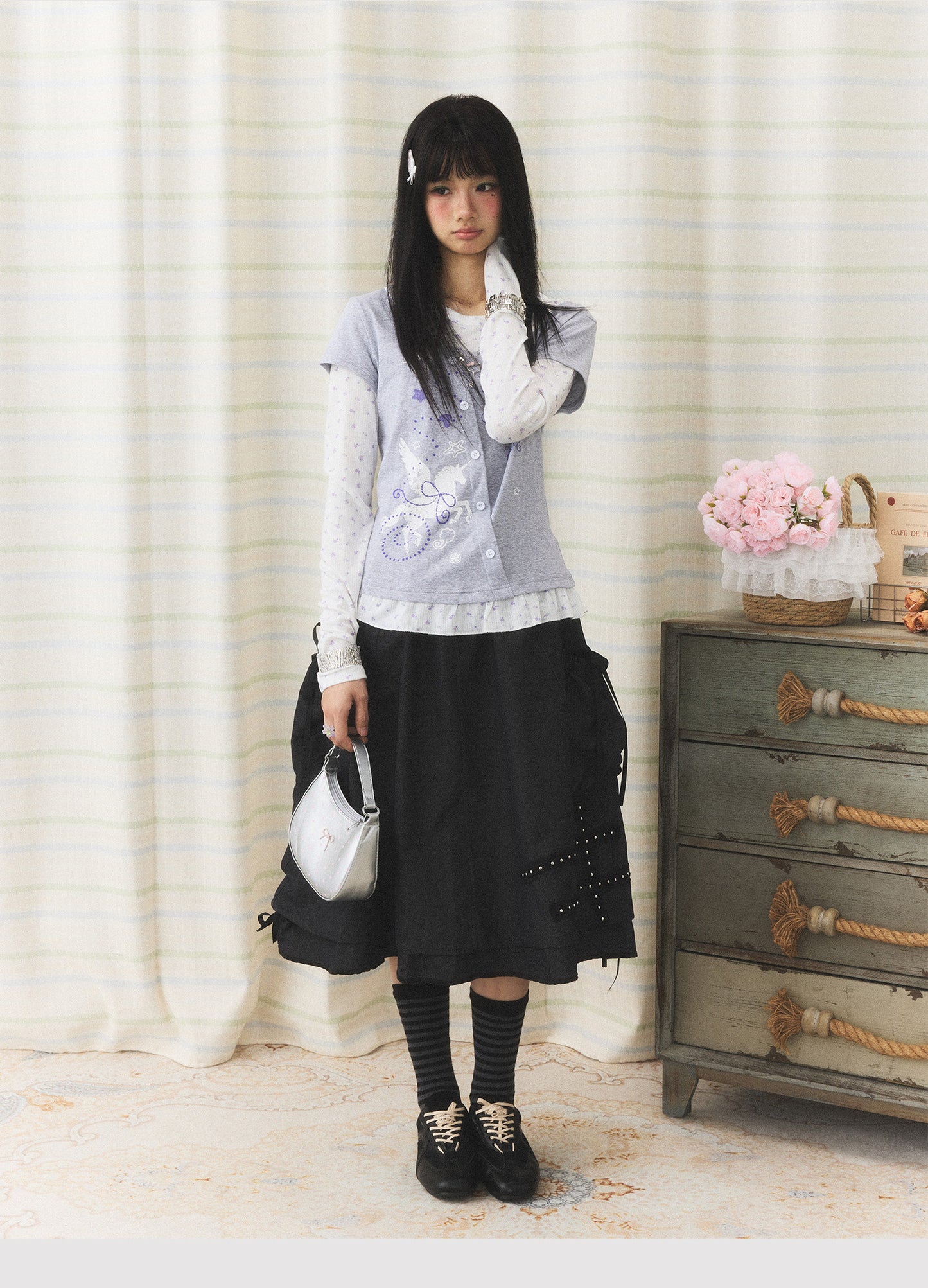 Lavender Wing Floral Faux-Layer Long-Sleeve Tee