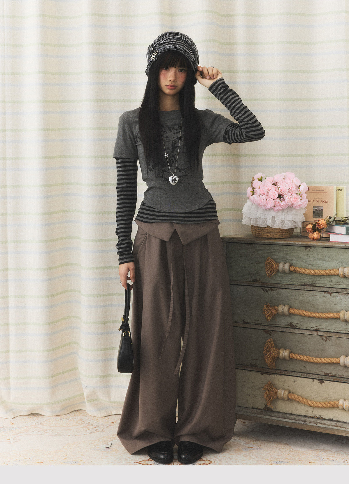 Foldover Tie Wide-Leg Trousers