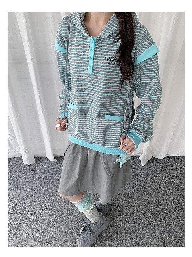 Striped Half-Placket Hooded Pullover