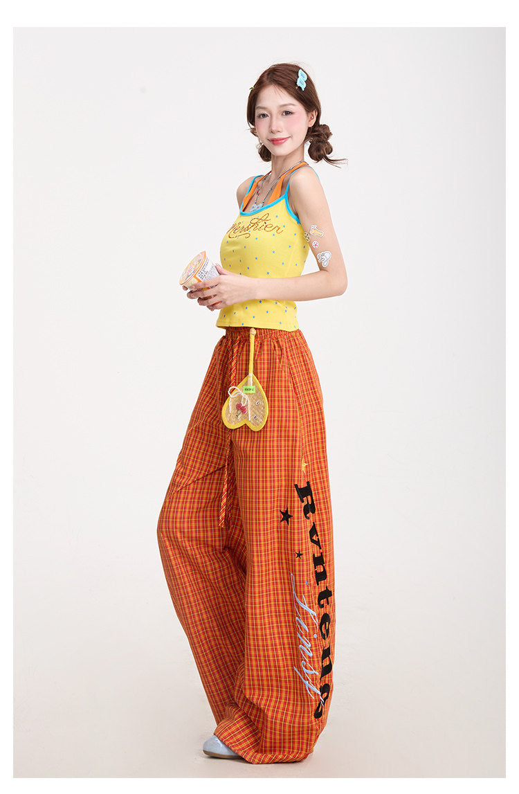 Starry Rhinestone Halter Cami & Plaid Wide-Leg Pants