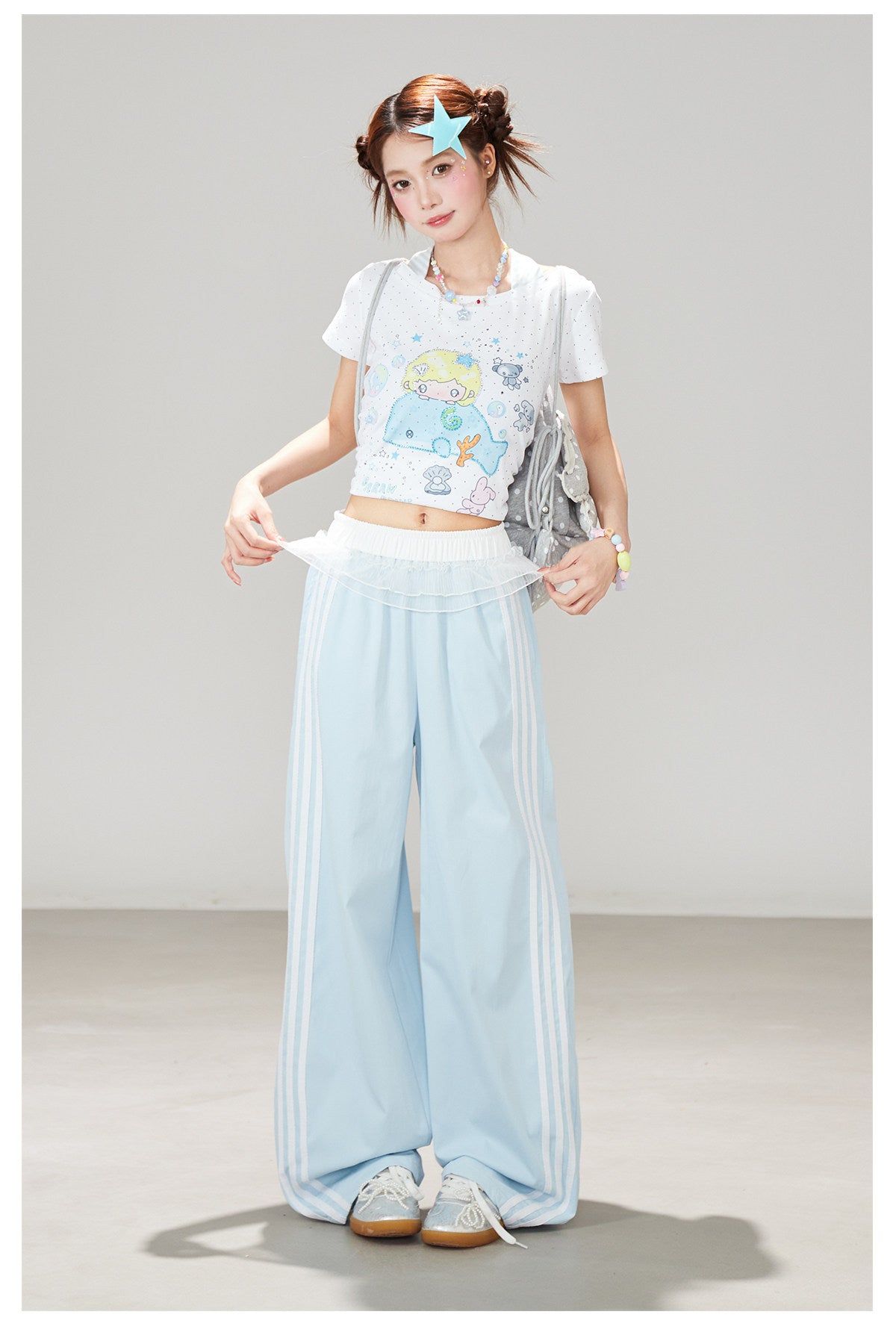 Ruffle Waist Side Stripe Wide-Leg Pants