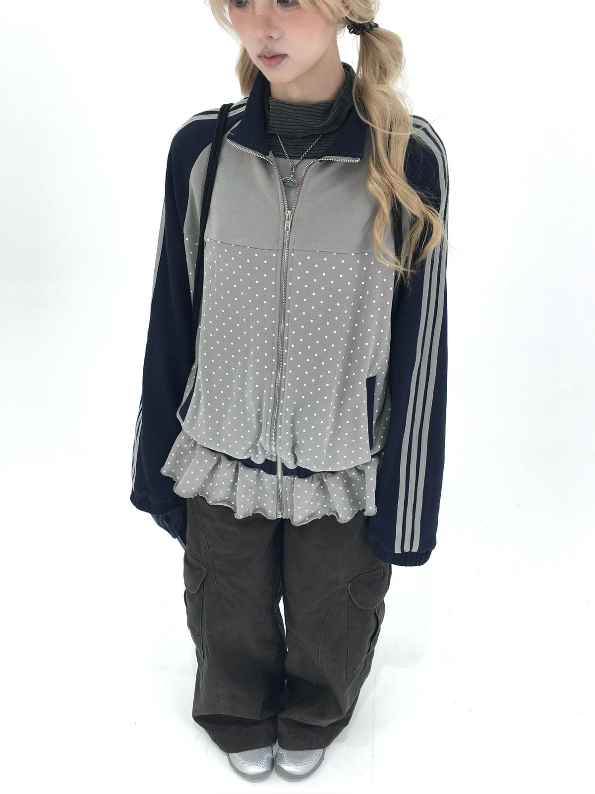 Gray Polka Dot Triple-Stripe Ruffle Zip Jacket