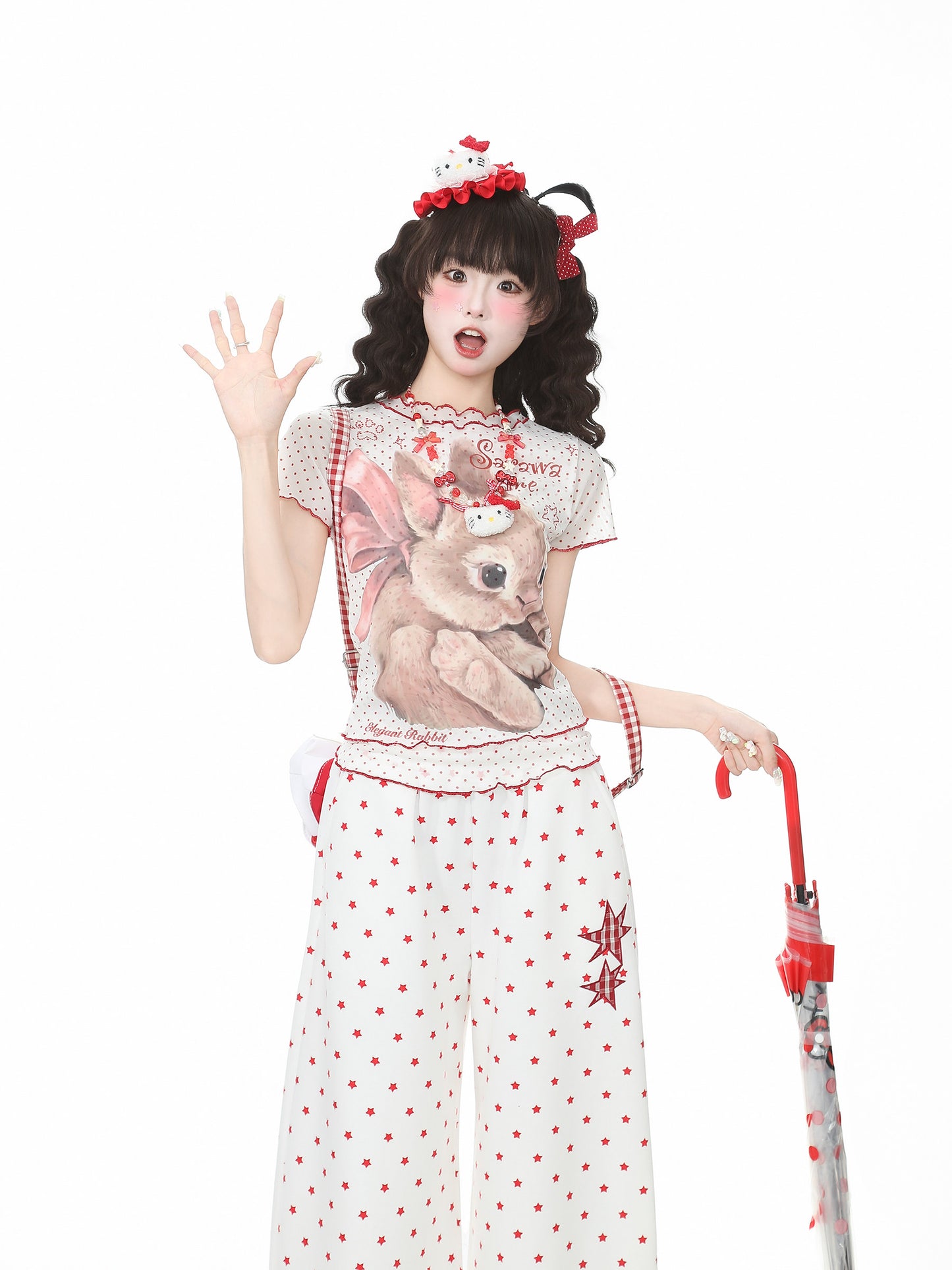 Ribbon Bunny Polka Dot Lettuce-Edge Tee