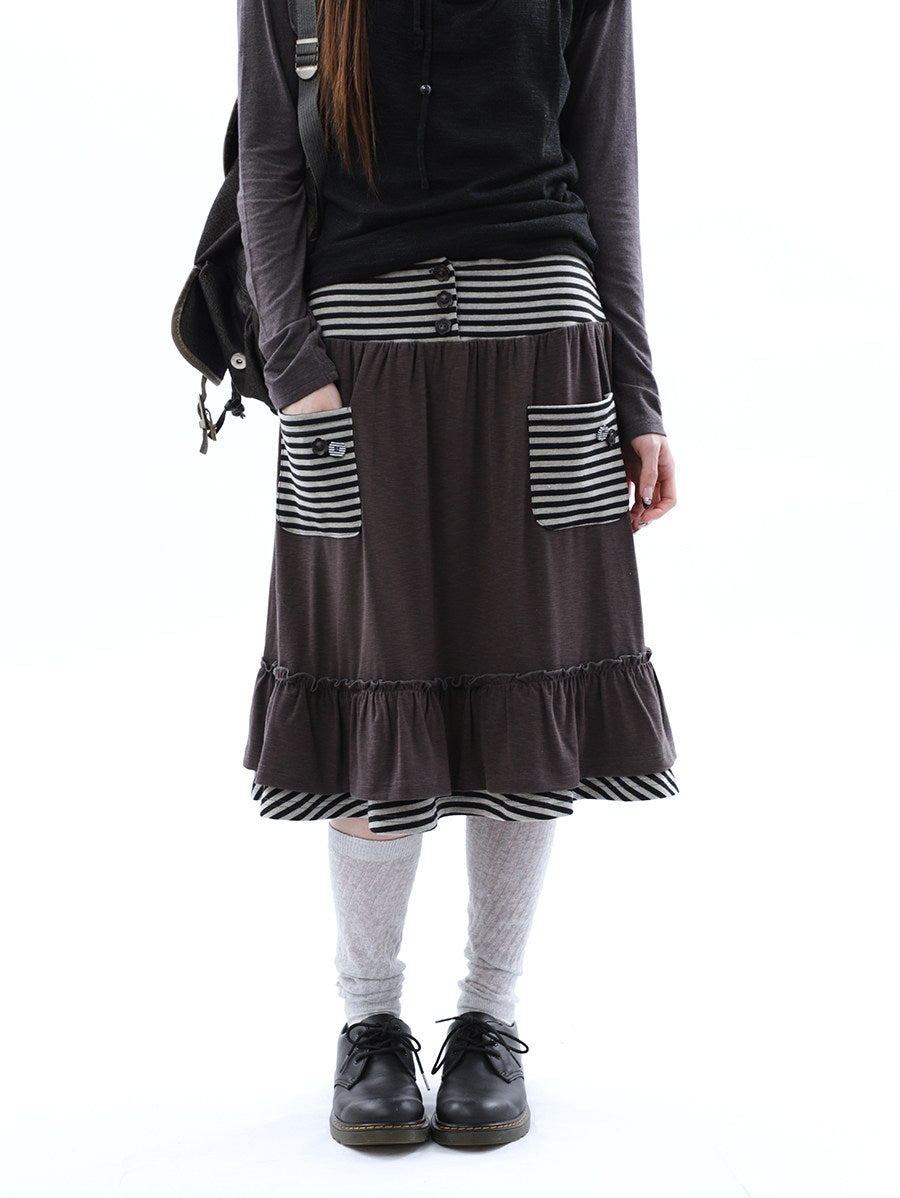 Striped Pocket Ruffle Layered Midi Skirt