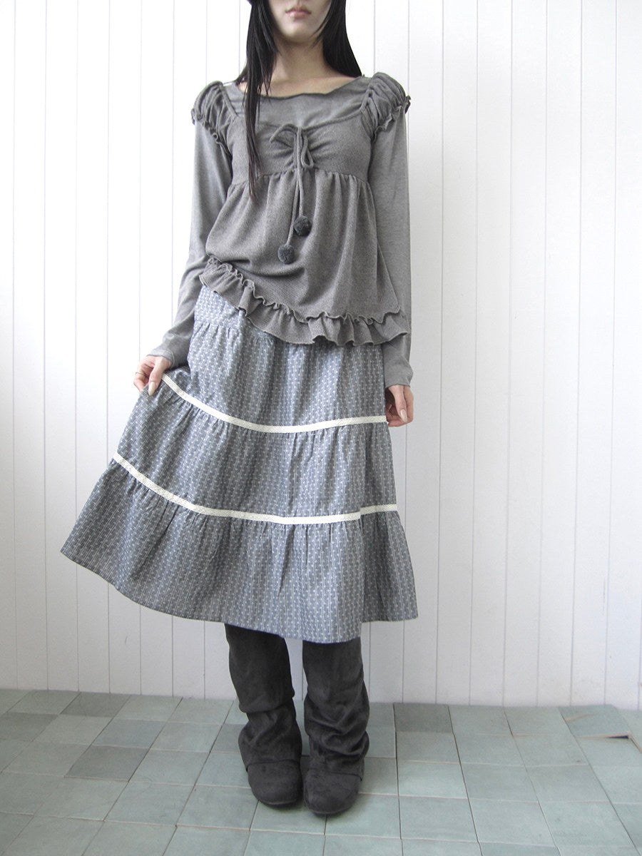 Dusty Blue Floral Tiered Lace Midi Skirt