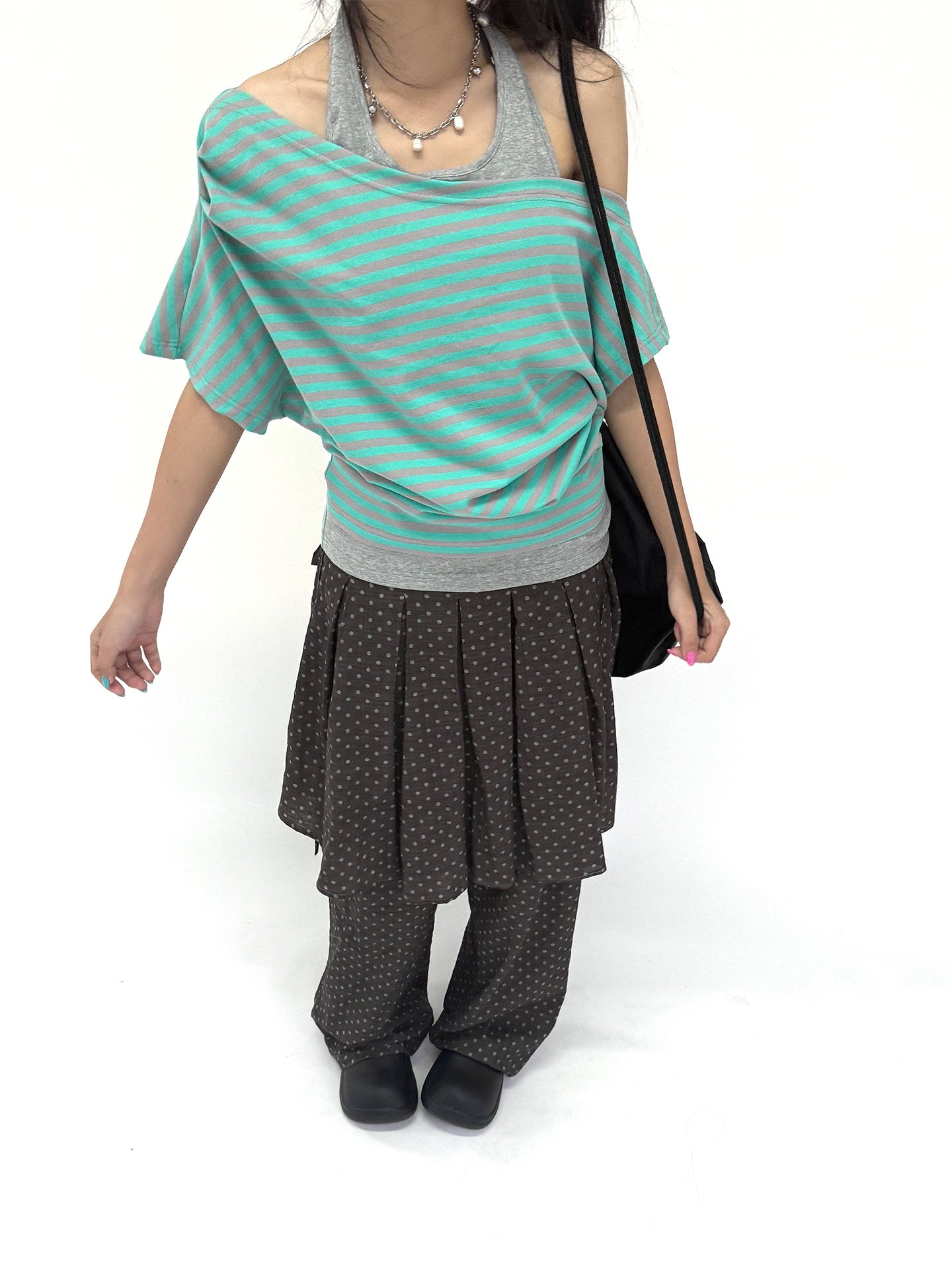 Mint Stripe Off-Shoulder Layered Halter Tee