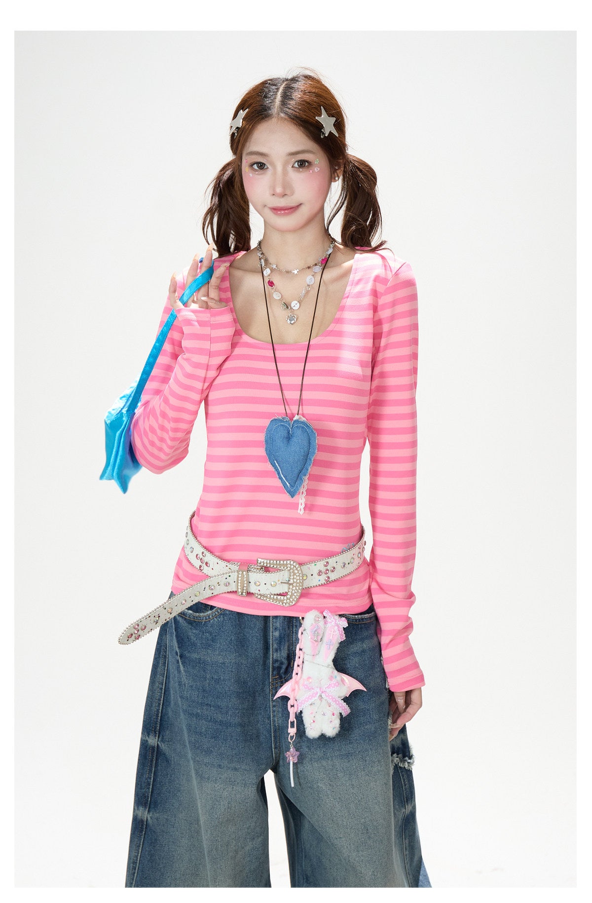 Pink Stripe U-Neck Long Sleeve Top & Star Patch Wide-Leg Jeans