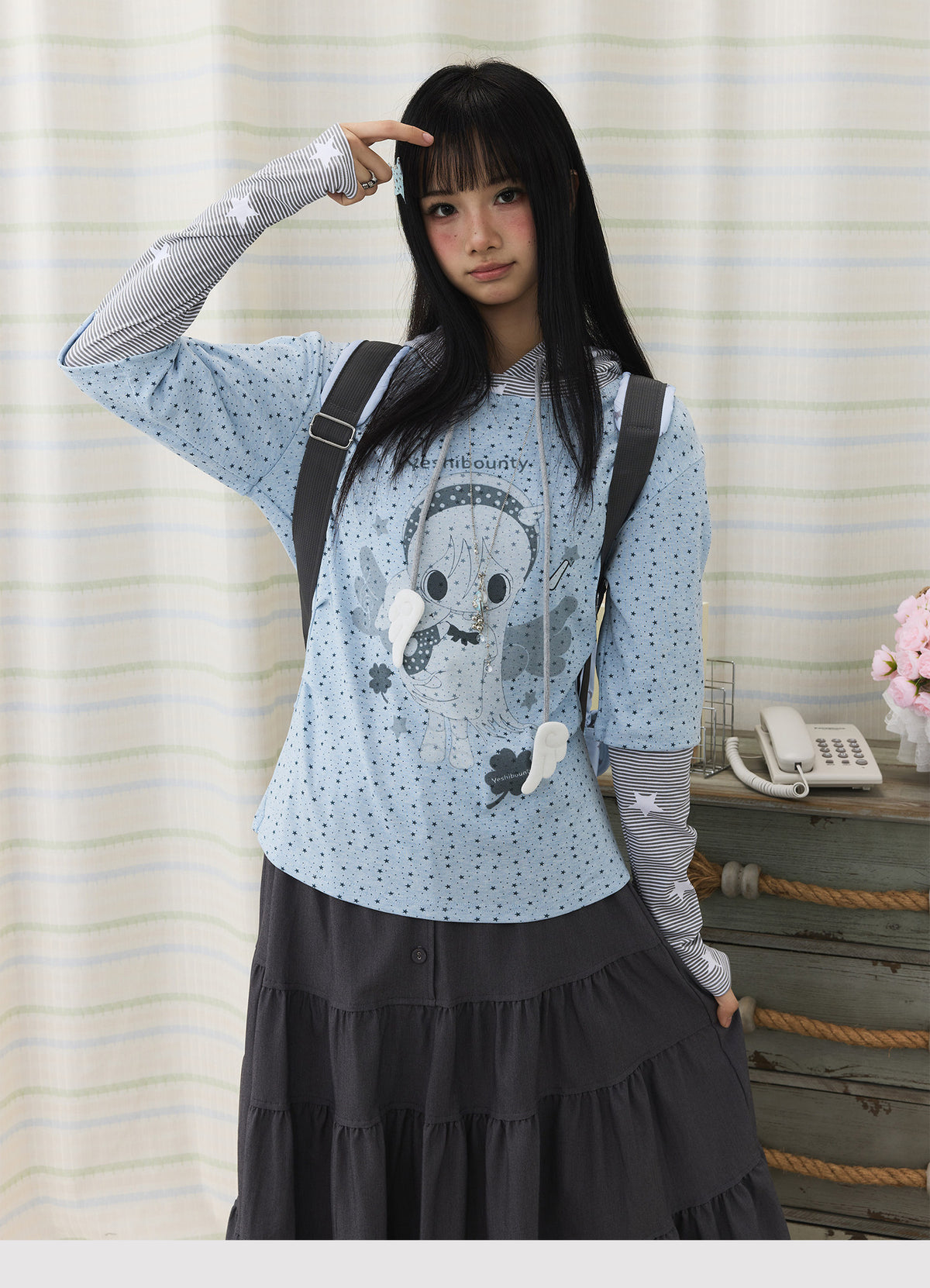 Cartoon Star Print Faux-Layer Hooded Top