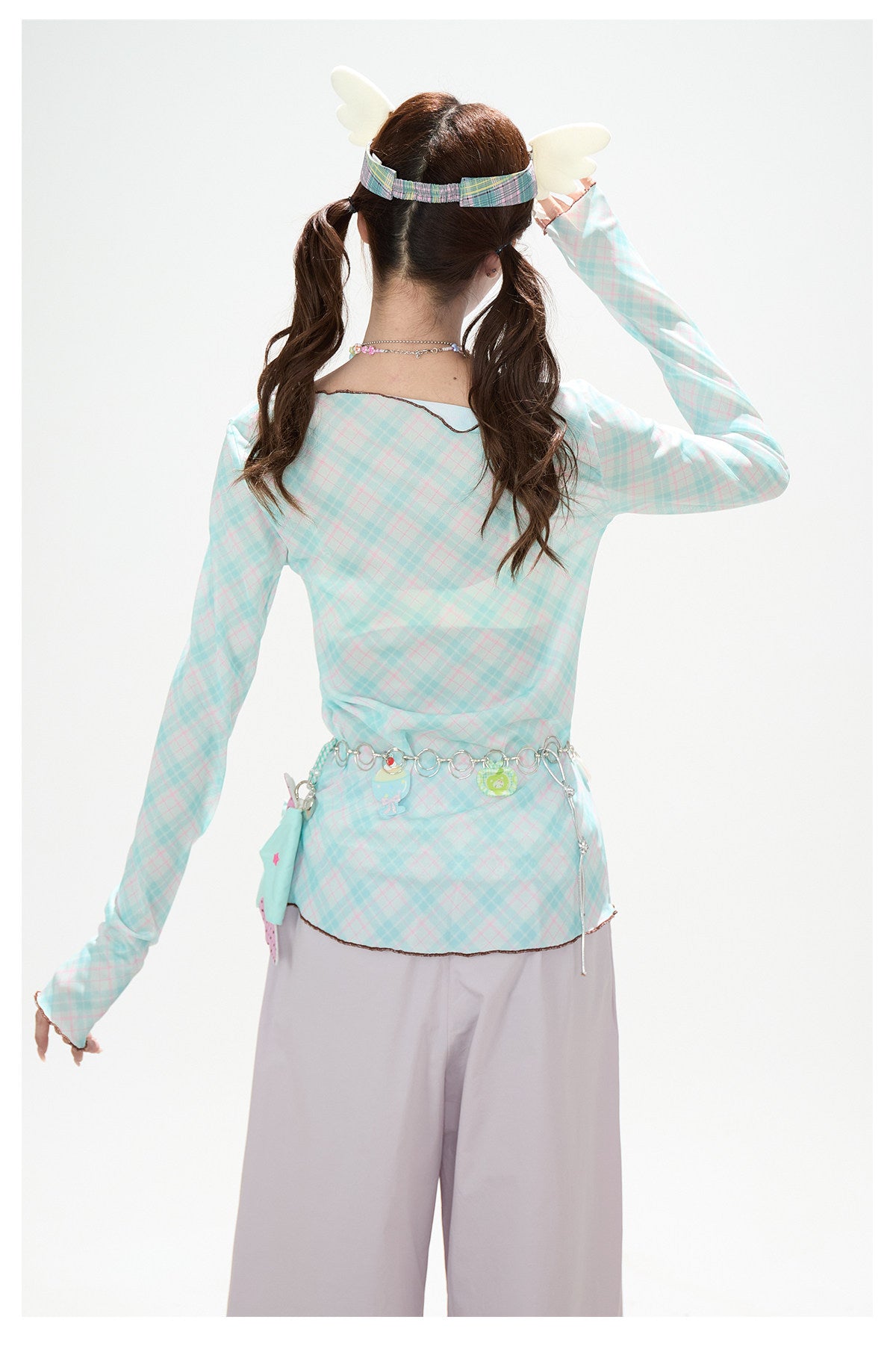 Pastel Anime Plaid Long Sleeve Top & Camo Lace-Trim Midi Skirt