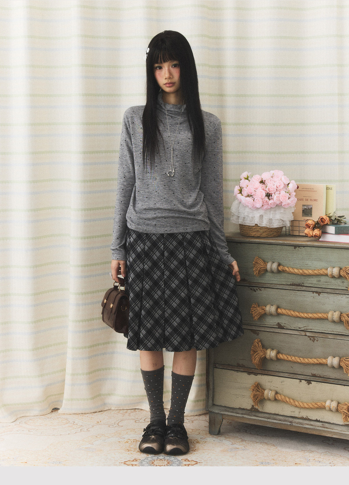 Polka Dot Mock-Neck Long Sleeve Top
