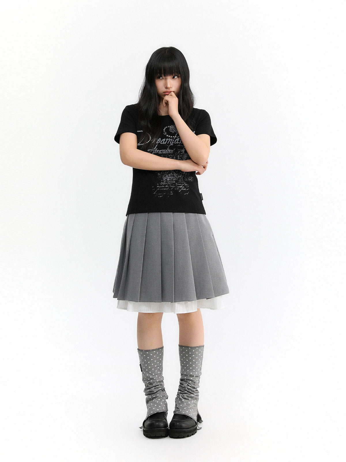 Layered Pleated Suit Midi Skirt