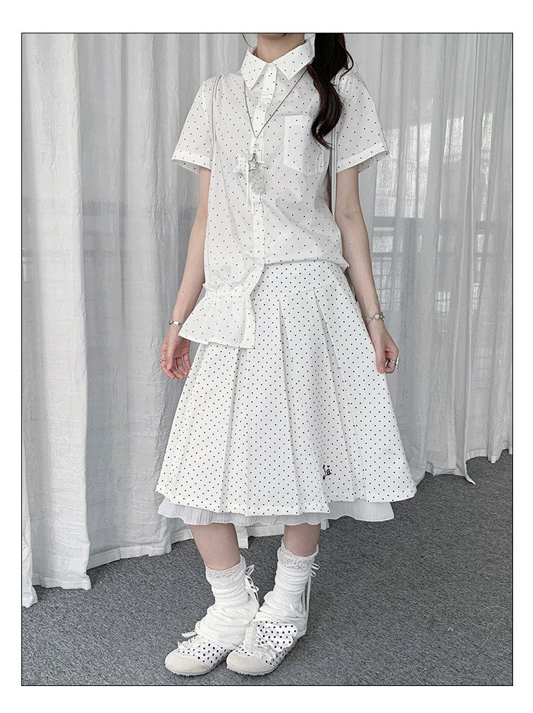 Polka Dot Pleated Ruffle Midi Skirt