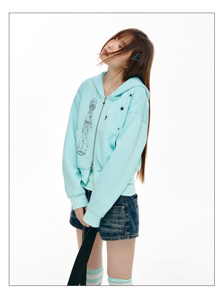 Mint Star Double-Zip Cropped Hoodie