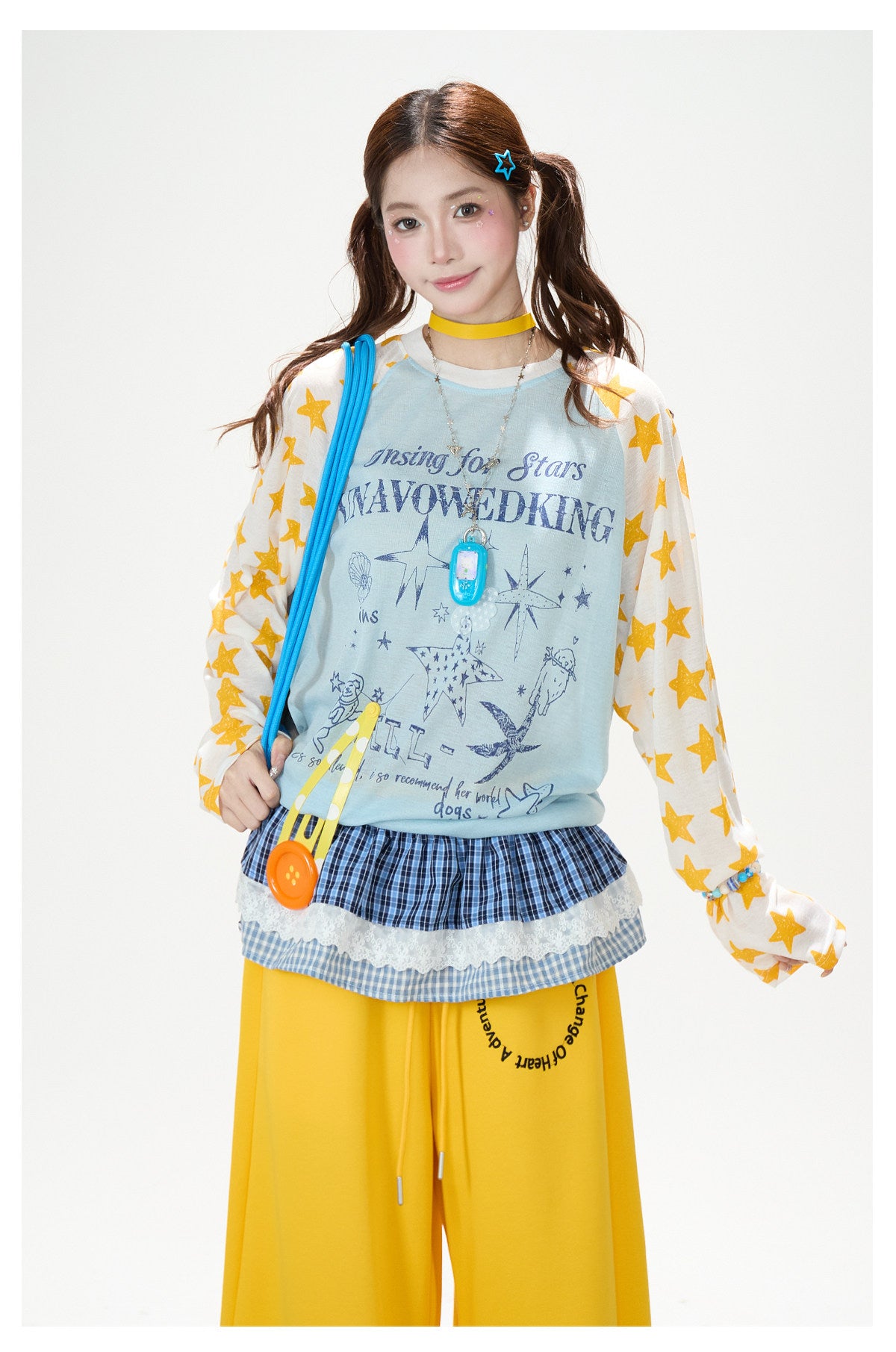 Star Graphic Contrast Raglan Long Sleeve Top & Yellow Wide-Leg Pants