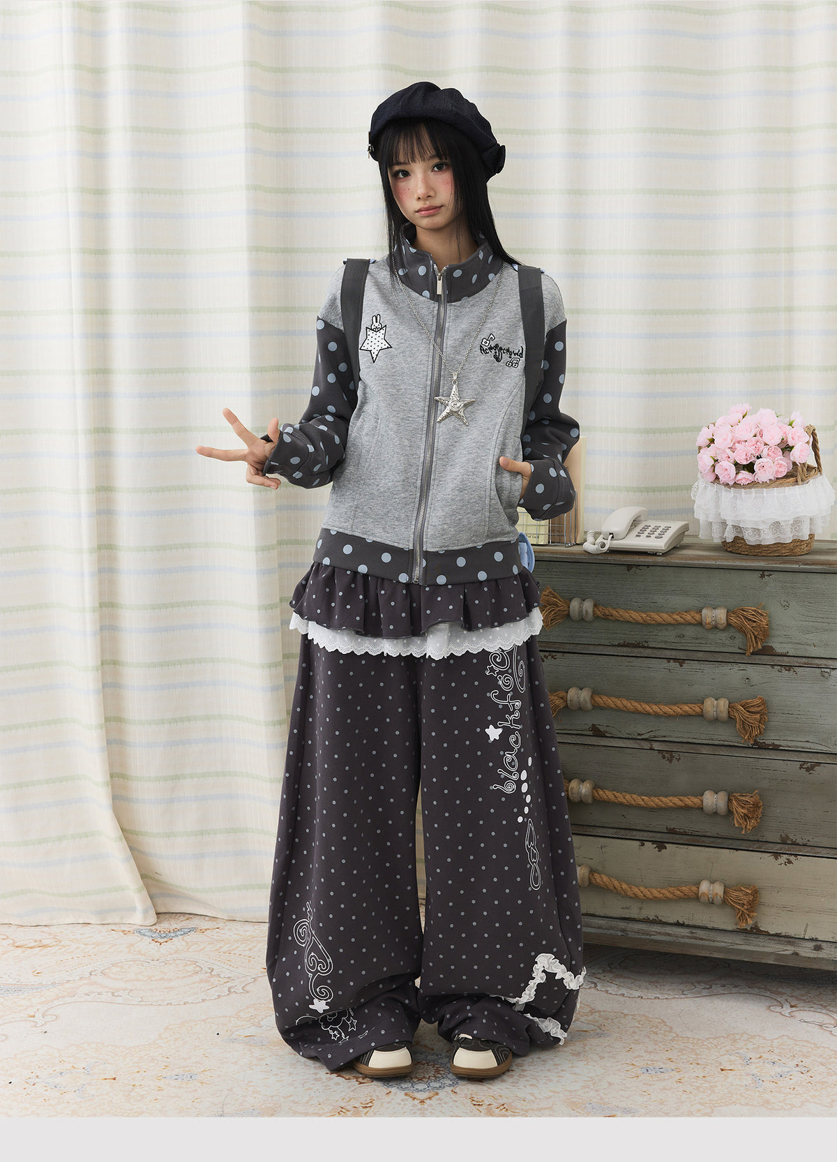 Polka Dot Lace Ruffle-Layer Wide-Leg Pants