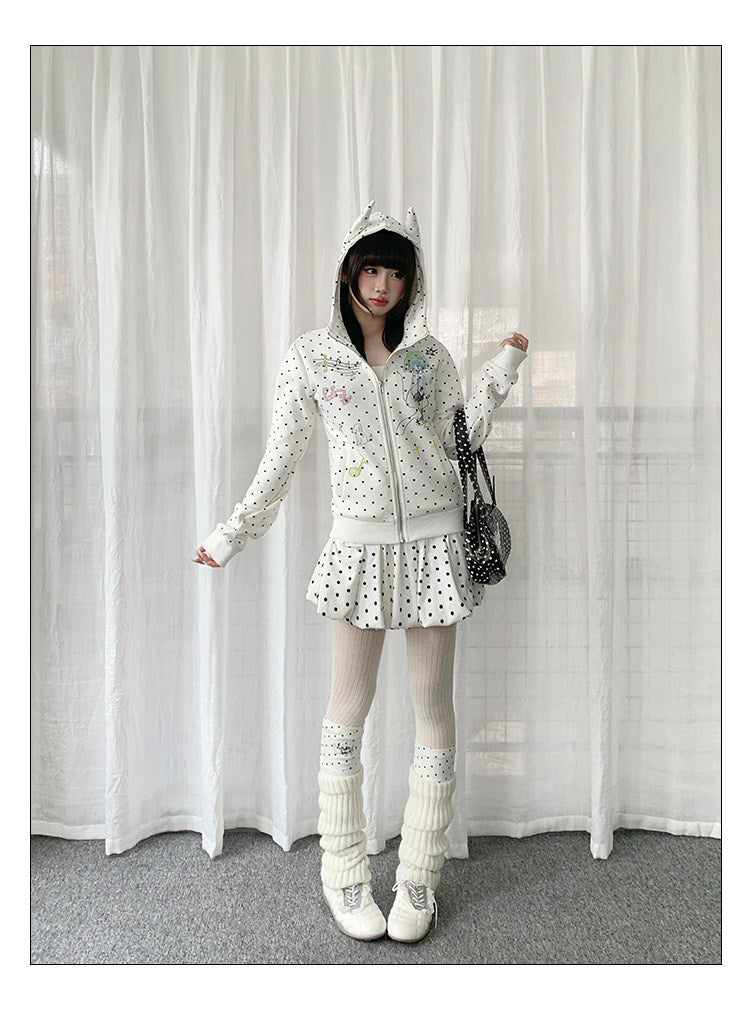Polka Dot Devil-Horn Cartoon Girl Zip Hoodie