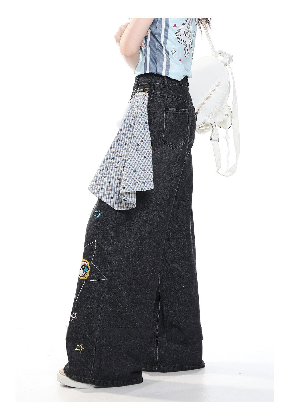Star Kitty Embroidered Wide-Leg Jeans with Plush Charm