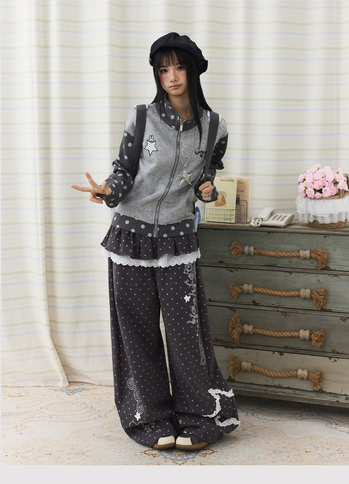 Polka Dot Contrast Embroidered Zip-Up Jacket