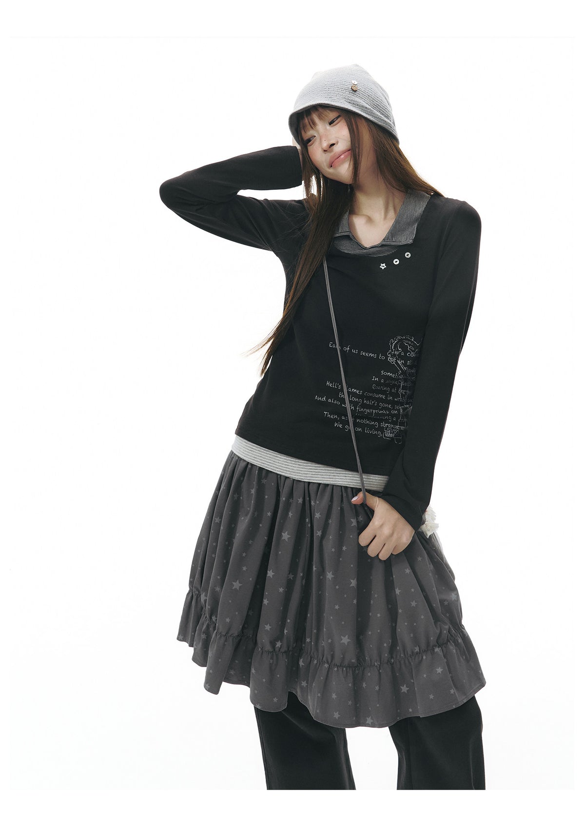 Star Print Striped-Waist Ruffle Midi Skirt