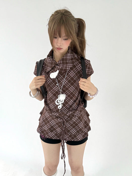 Brown Plaid Drawstring Ruffle-Collar Tunic Top