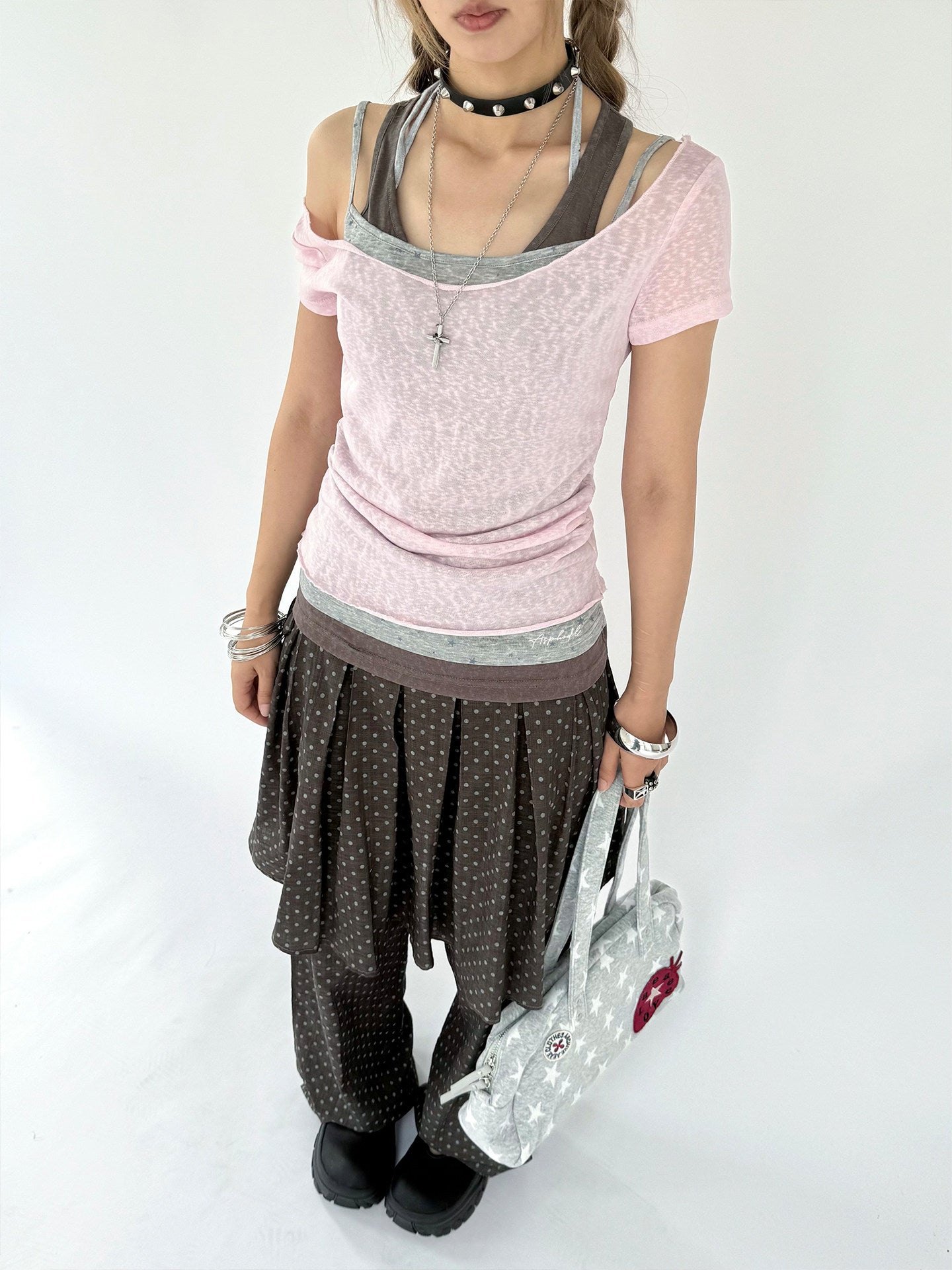 Pink Gray Triple-Layer Fitted Tee