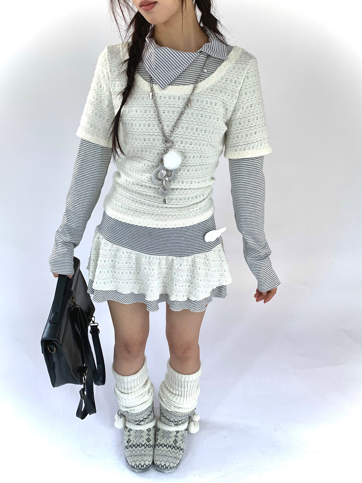 Milk Mist Lace & Stripe Faux-Layer Mini Dress