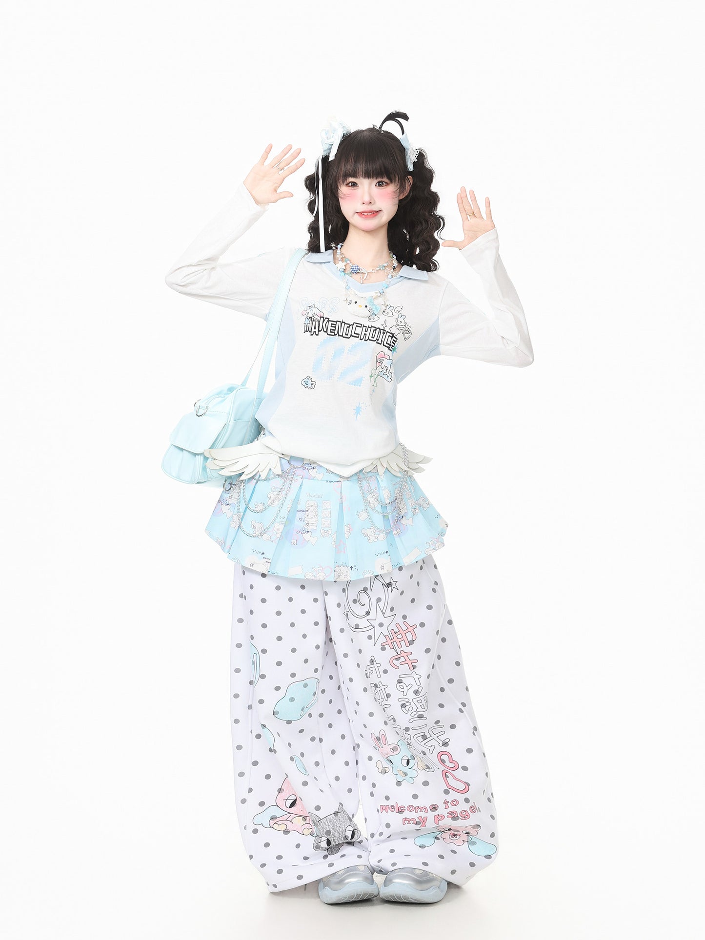 Pastel Doodle Polka Dot Wide-Leg Pants