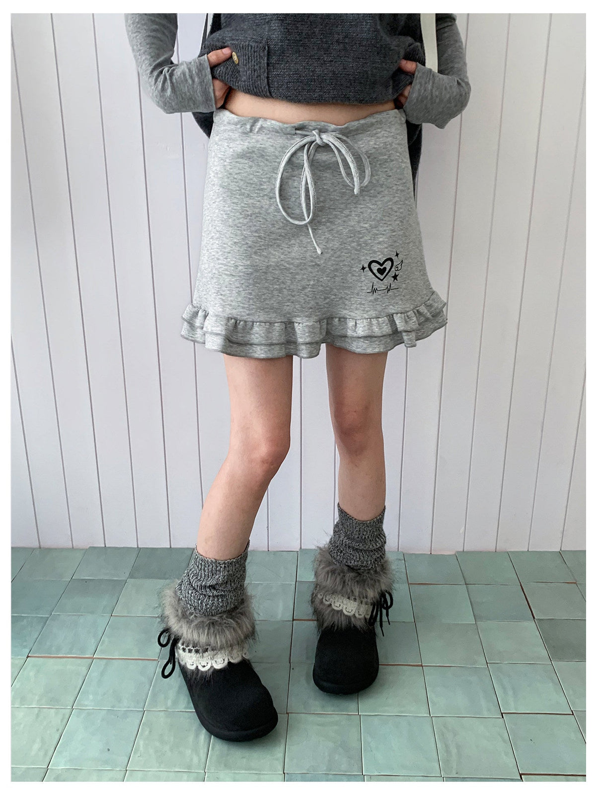 Heart Pulse Drawstring Ruffle Mini Skirt