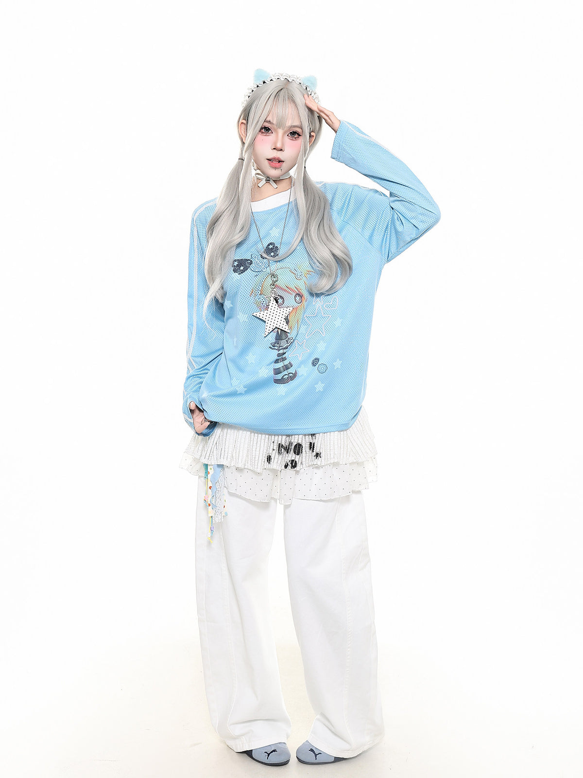 Star Stripe Mesh Long Sleeve Tee