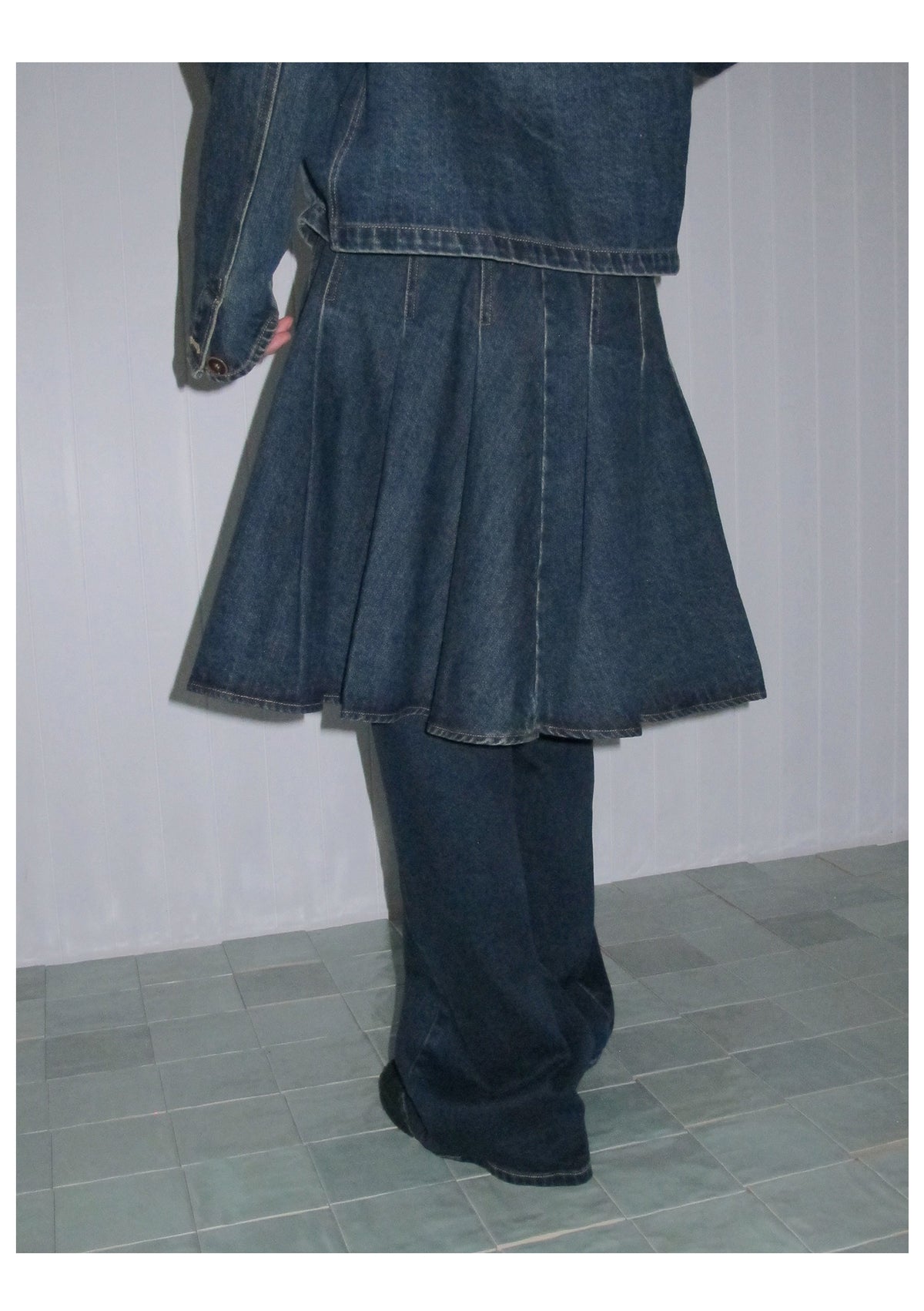 Washed Denim Utility Pleated Skirt