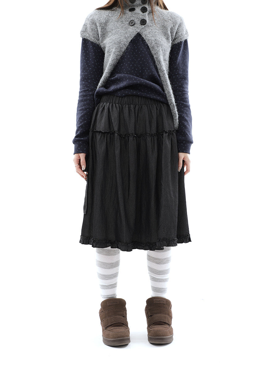 Washed Black Ruffle-Tiered Denim Midi Skirt