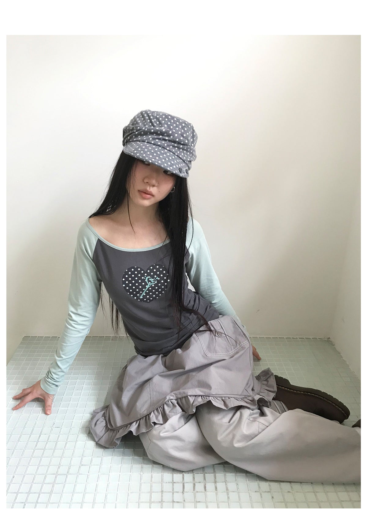 Polka Dot Heart Key Contrast Raglan Long Sleeve Tee