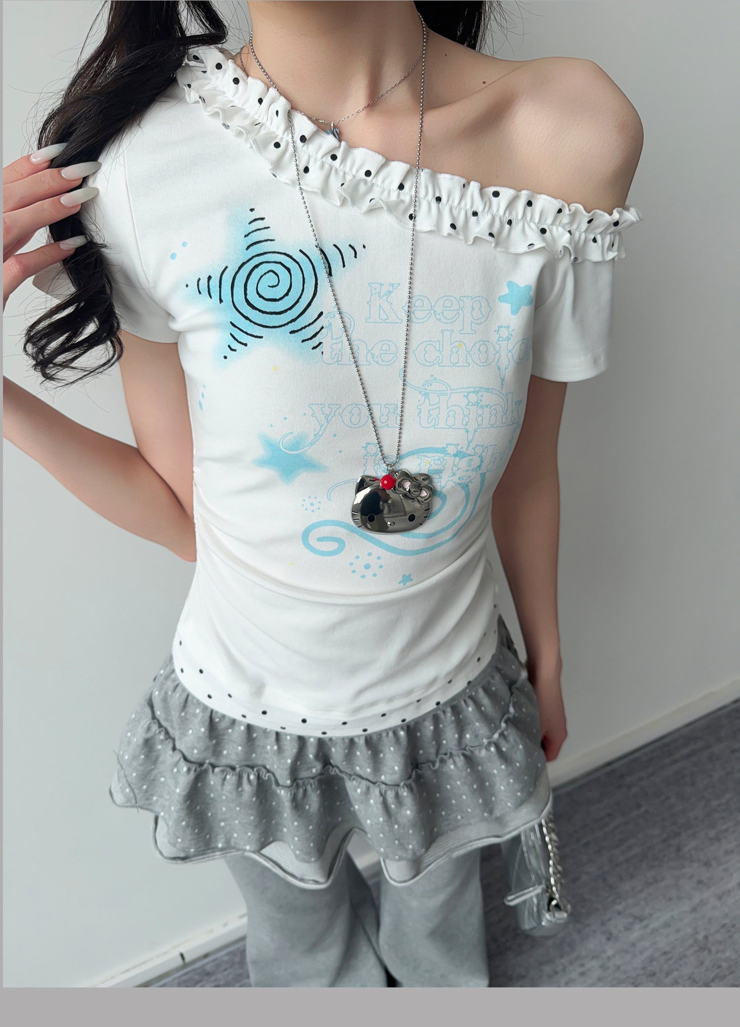 Blue Star Polka Dot Ruffle One-Shoulder Tee