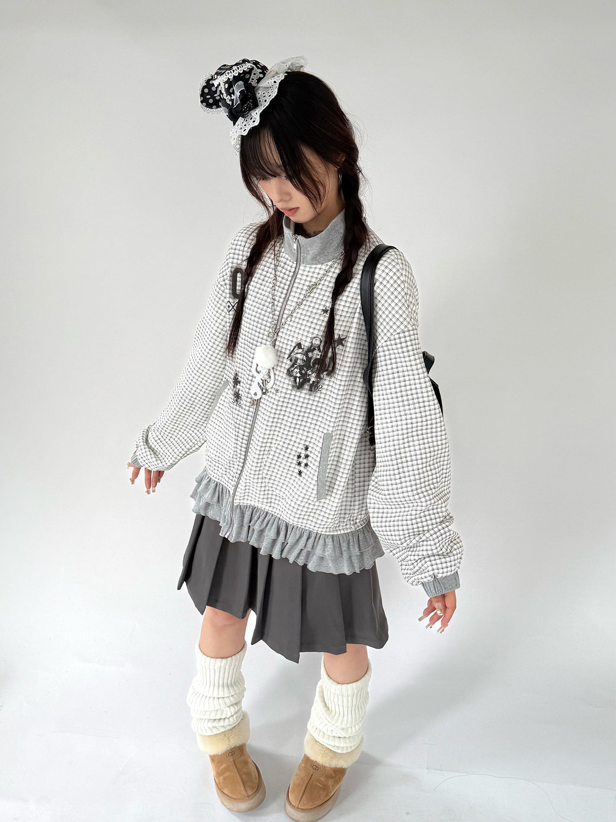 Sugar Check Graphic Ruffle-Hem Zip-Up Jacket