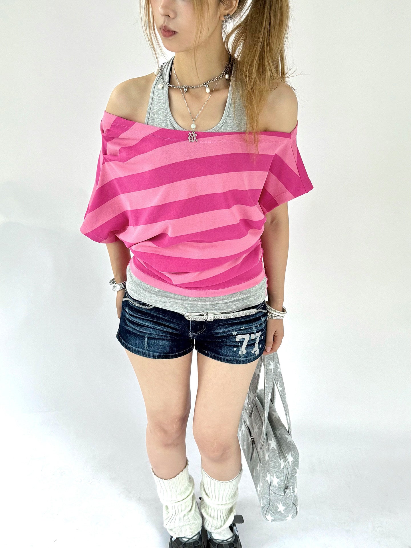 Berry Stripe Off-Shoulder Layered Tee