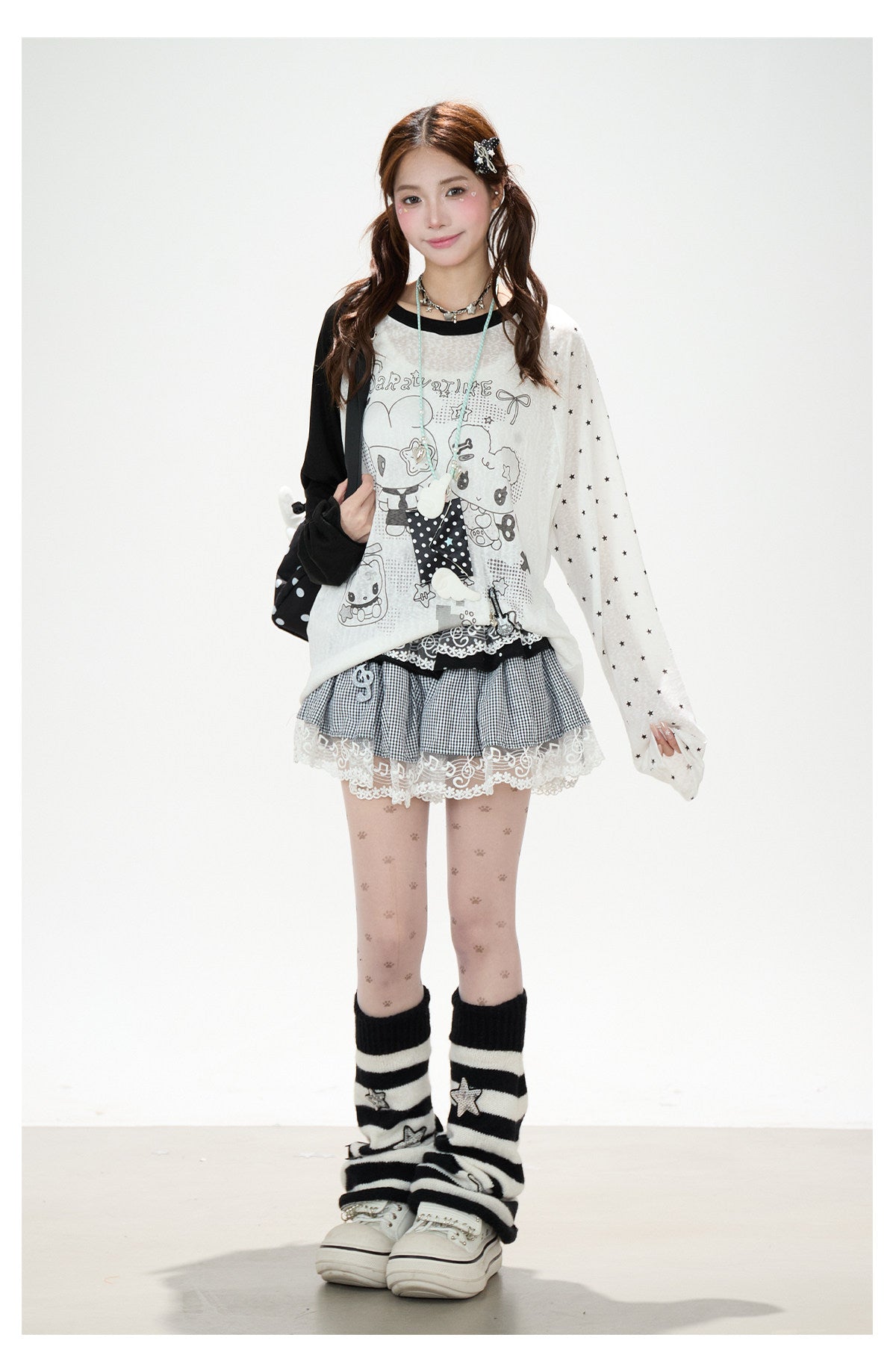 Cartoon Star Sheer Long Sleeve Top & Black Music Lace Gingham Mini Skirt