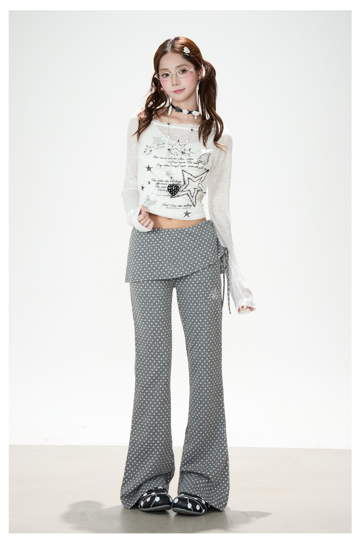 Polka Dot Ruffle Overlay Flare Sweatpants