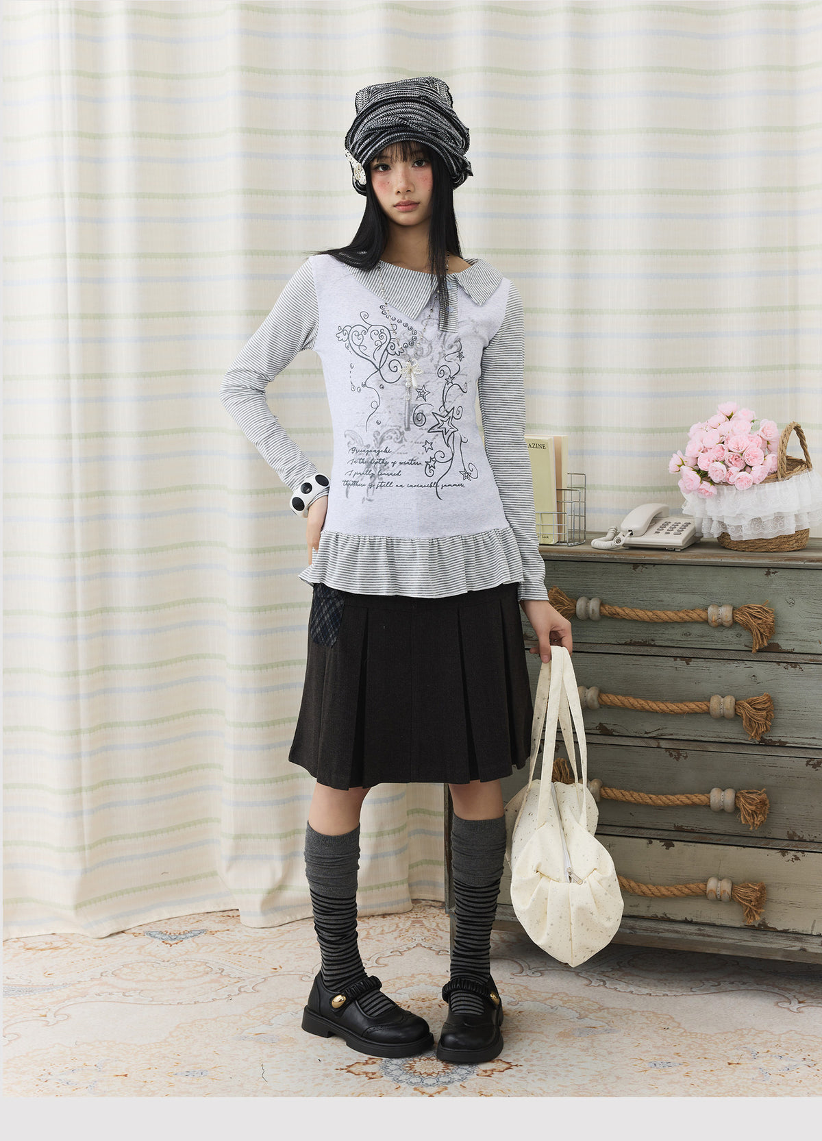 Graphic Stripe Faux-Layer Ruffle-Hem Long Sleeve Top
