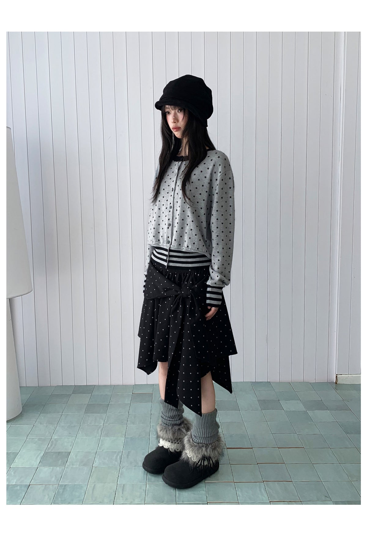 Star Print Contrast-Trim Knit Cardigan