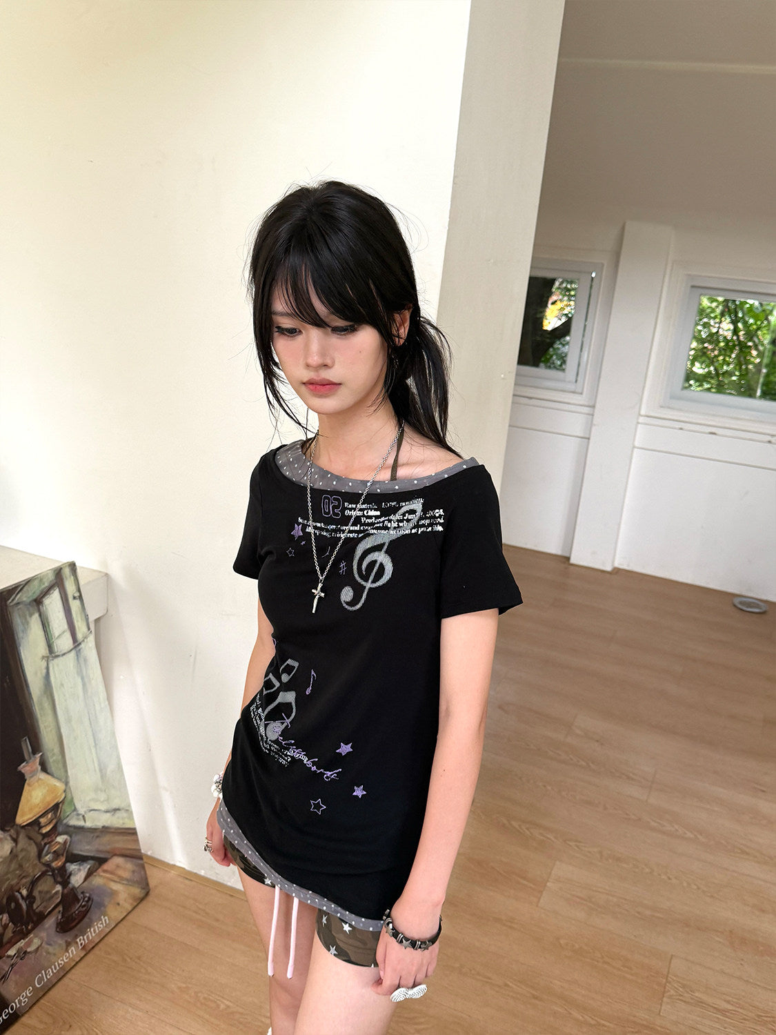 Asymmetric Music Note Faux-Layer Fitted Tee